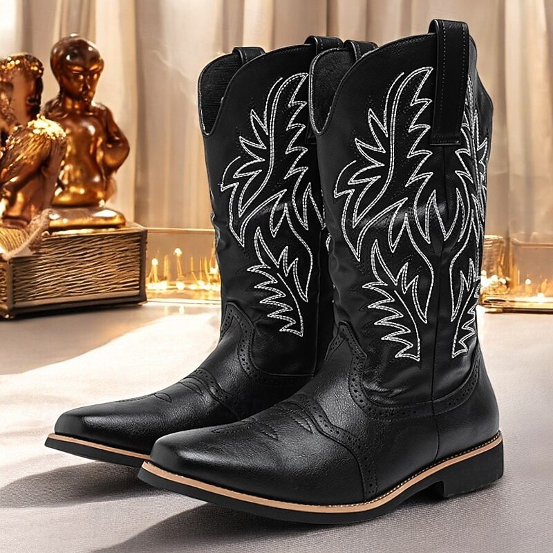 Men's Black Western Cowboy Boots – Embroidered Shaft with Classic Pointed Toe, Vintage Style for Rodeo or Casual Wear