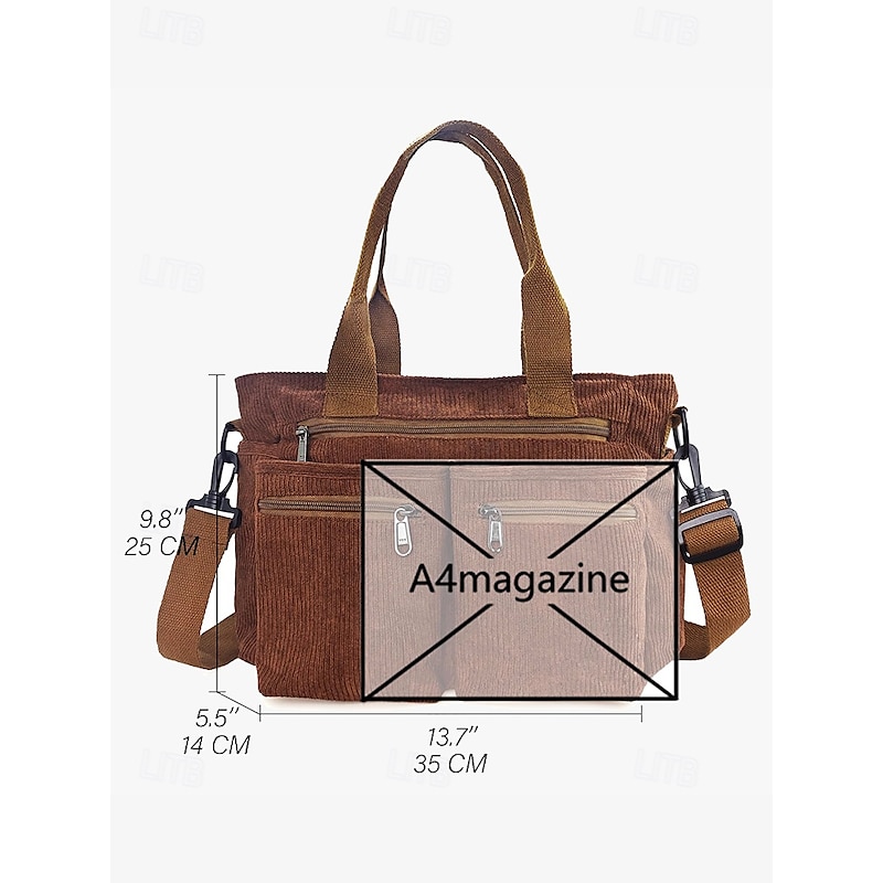 Vintage Corduroy Tote Bag with Multiple Zippered Pockets - Casual Handbag for Women4