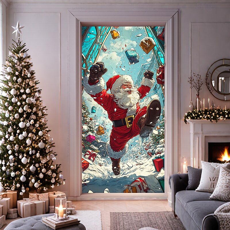Christmas Door Decorations Door Covers Santa Gifts Door Tapestry Door Curtain Decoration Backdrop Door Banner for Front Door Farmhouse Holiday Party Decor Supplies Indoor/Outdoor2