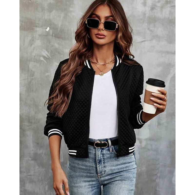 Women's Casual Jacket Textured Jackets Outdoor Zipper Color Block Comfortable Fashion Loose Fit Outerwear Long Sleeve Fall Black S3