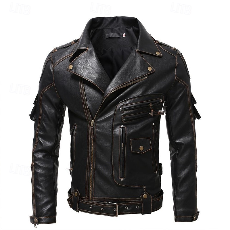 Men's Faux Leather Jacket Biker Jacket Vintage Leather Jacket Street Motorcycle Thermal Warm Pocket Spring &  Fall Solid Color Streetwear Casual Turndown Regular Faux Leather Black Brown Jacket3