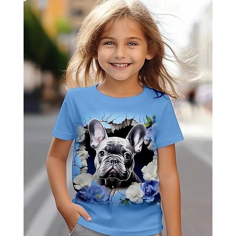 Girls' 3D Graphic Animal Dog T shirt Tee Short Sleeve Summer Spring Fashion Basic Kids 4-12 Years Crew Neck Outdoor Casual Daily Regular Fit