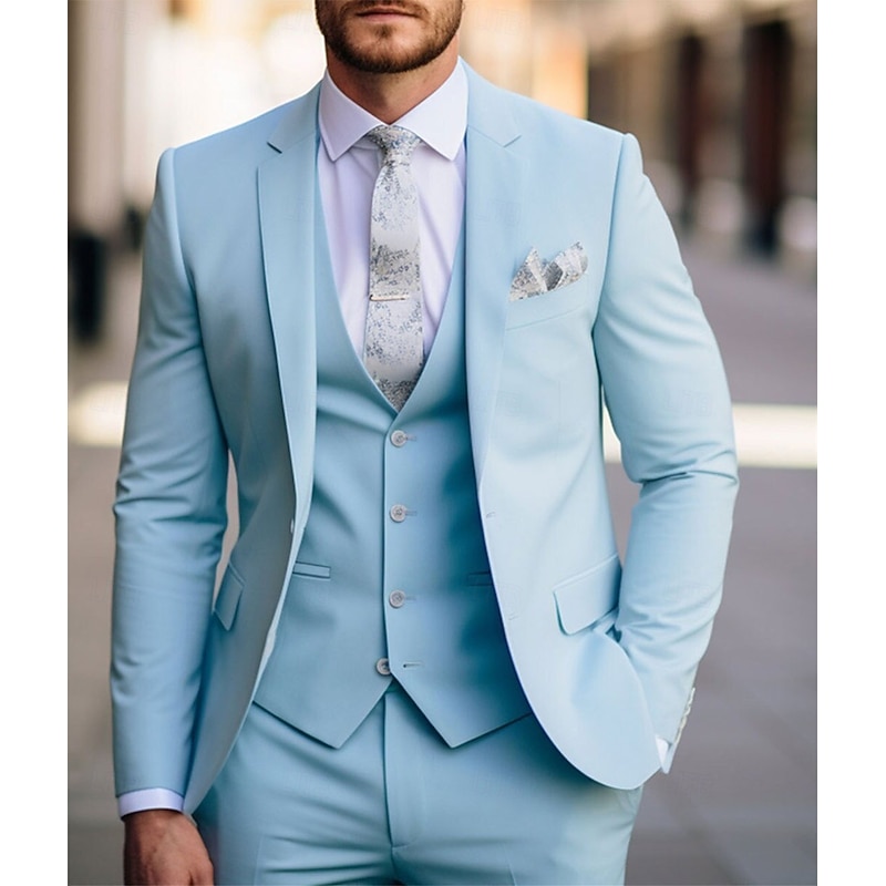 Men's Wedding Suits Notch Sky Blue Sage Daily Business Solid Colored Tailored Fit 3 Piece Single Breasted Two-buttons