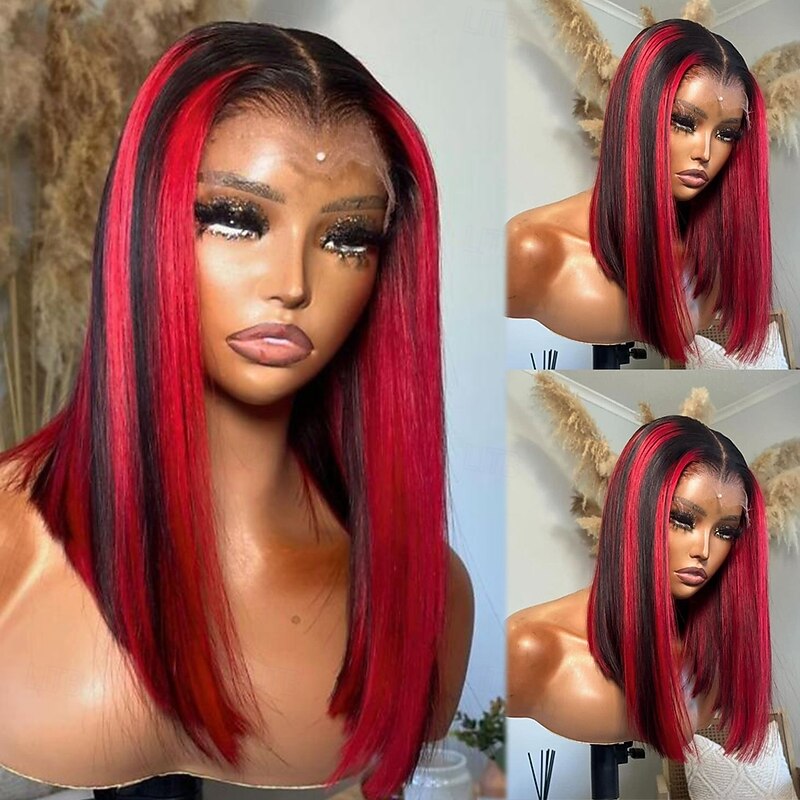 Remy Human Hair 13x4 Lace Front Wig Short Bob Brazilian Hair Silky Straight Red Wig 130% 150% Density with Baby Hair Highlighted / Balayage Hair 100% Virgin Glueless For Women Short Human Hair Lace