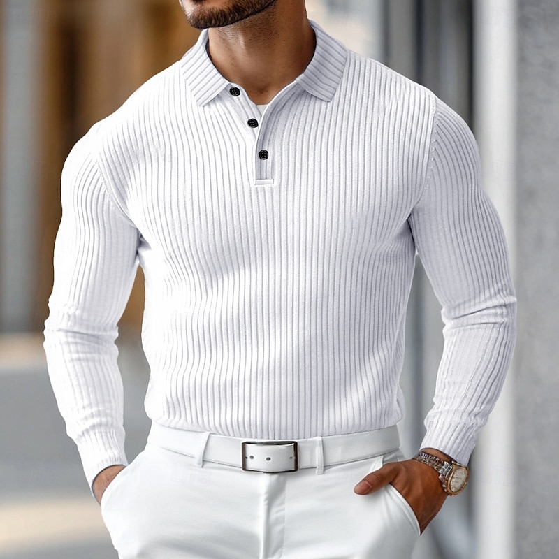 Men's Polo Shirts Rib Knit Top Business Casual Ribbed Polo Collar Long Sleeve Fashion Basic Solid Color Knitting Fall Winter Slim Fit Dark Grey Black White Burgundy Navy Blue Dark Green Polo Shirts4