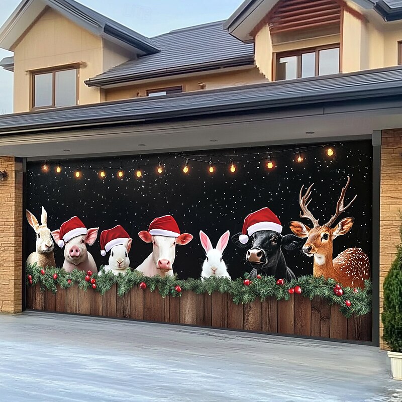 Christmas Door Decorations Outdoor Garage Door Cover Xmas Banner Farmhouse Animals Large Christmas Backdrop for Holiday Outdoor Garage Door Home Wall Decorations3
