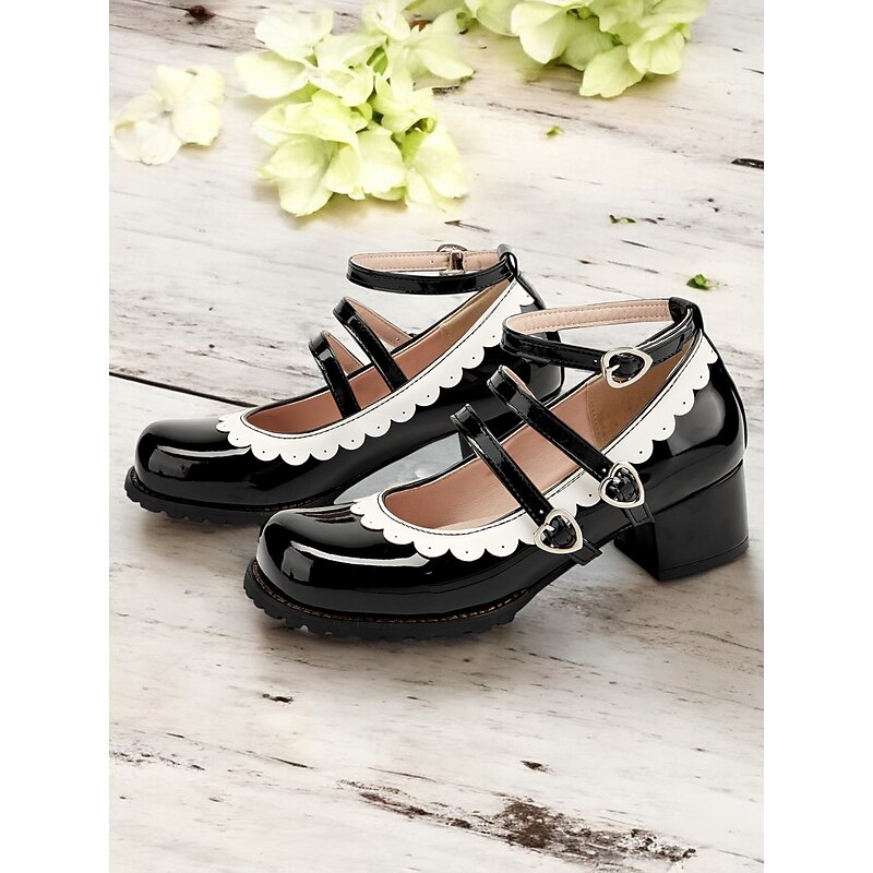 Women's Black and White Scalloped Mary Jane Block Heels – Patent Faux Leather Lolita Platform Shoes with Heart Buckles for Vintage or Cosplay Outfits3