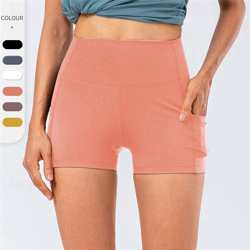 Women's Gym Shorts Yoga Shorts Workout Shorts with Phone Pocket High Waist Pilates Gym Workout Workout Shorts Solid Color Black White Yellow Sports Activewear Stretchy Slim