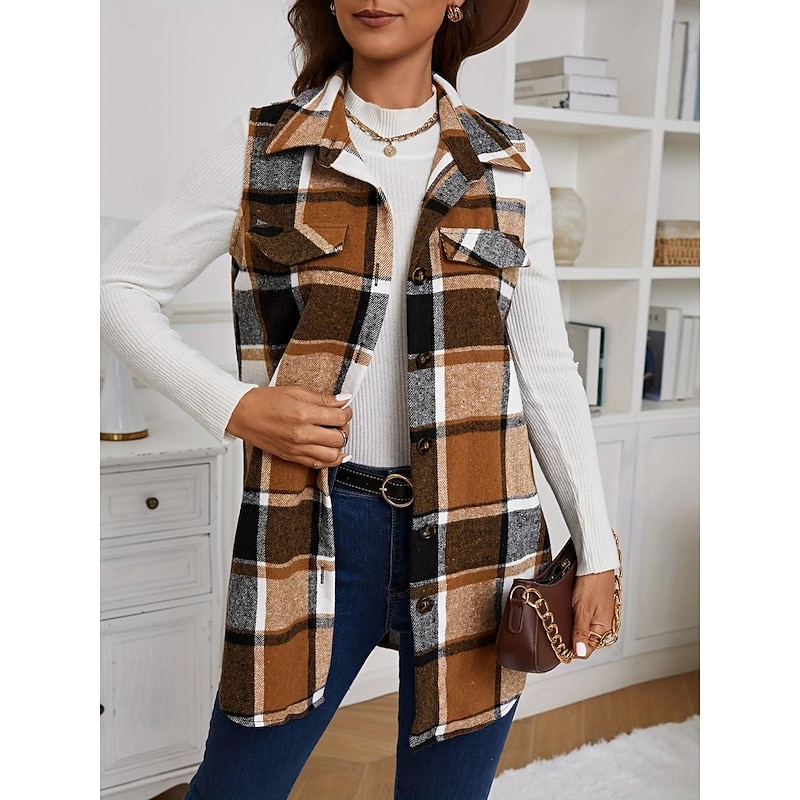 Women's Vest Dailywear Button Plaid Comfortable Stylish Regular Fit Outerwear Long Sleeve Fall Pink S4