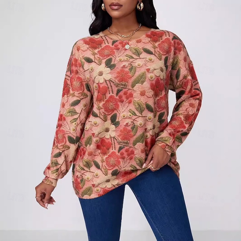 Women's Sweater Fashion Streetwear Casual Floral Graphic Crew Neck Digital print Long Sleeve Regular Tops Knit Outdoor Red Fall Winter4