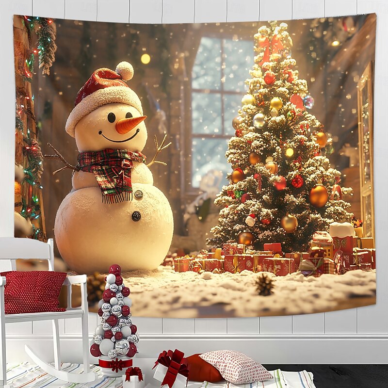 Christmas Decorations Hanging Tapestry Wall Art Xmas Snowman Tree Large Tapestry Mural Decor Photograph Backdrop Blanket Curtain Home Bedroom Living Room2