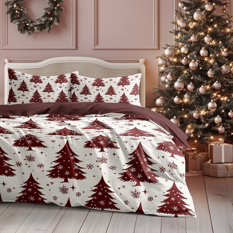 Christmas Duvet Cover with Red Christmas Tree Design Festive Holiday Christmas Comforter Set Full 100% Cotton Soft and Cozy for Seasonal Bedroom Decor Queen King Size
