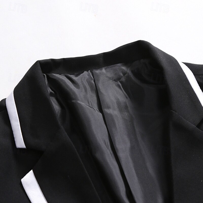 Men's Graduation Blazer Business Cocktail Party Wedding Party Fashion Casual Spring &  Fall Polyester Color Block Pocket Buttons Comfortable Single Breasted Blazer Black2