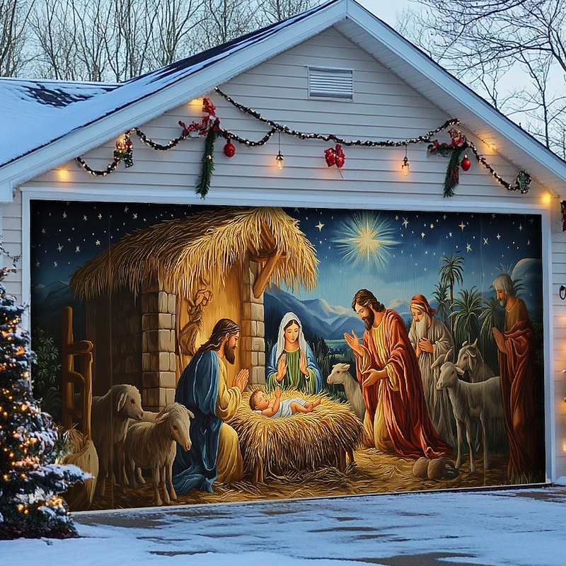 Christmas Outdoor Garage Door Cover Xmas Banner Nativity Scene Large Christmas Backdrop Decoration for Holiday Outdoor Garage Door Home Wall Decorations3