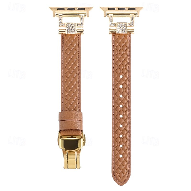 Leather Band Compatible with Apple Watch band 38mm 40mm 41mm 42mm 44mm 45mm 49mm Elastic Bling Diamond Butterfly Buckle Genuine Leather Rhinestone Strap Replacement Wristband for iwatch Ultra 23