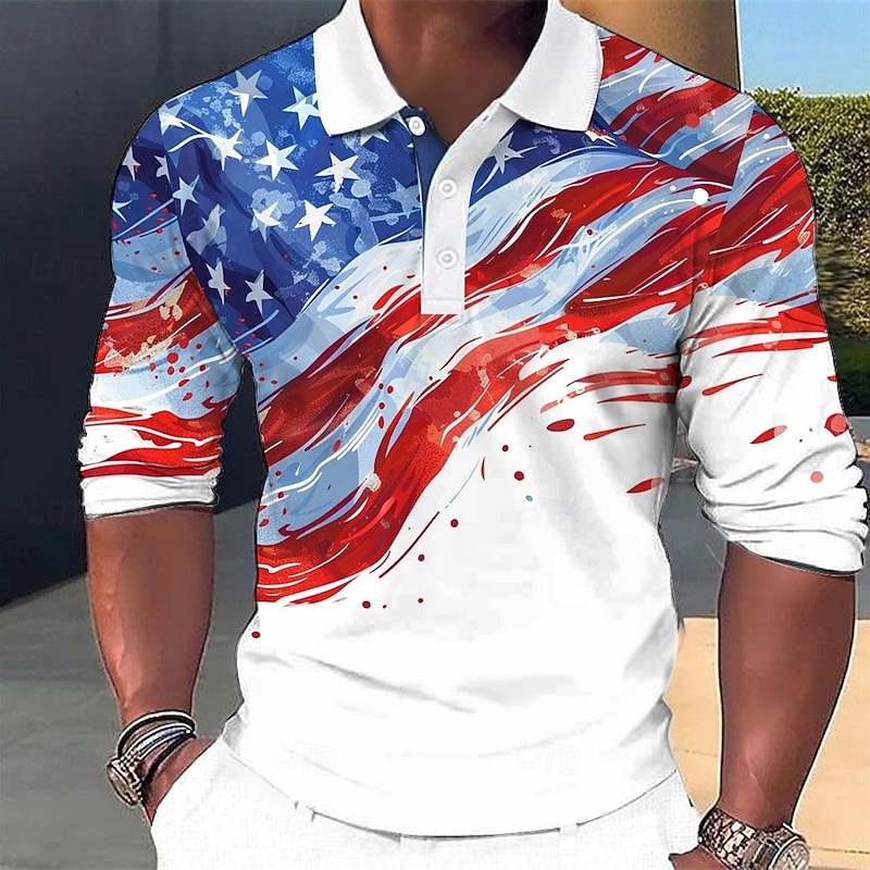 Men's American US Flag Veterans Waffle Polo Shirts Golf Polos Shirts Long Sleeve Polo Shirts Collar Funny Vacation Party Evening Wear Dailywear 3D Print Buttons Spring Fall Winter White