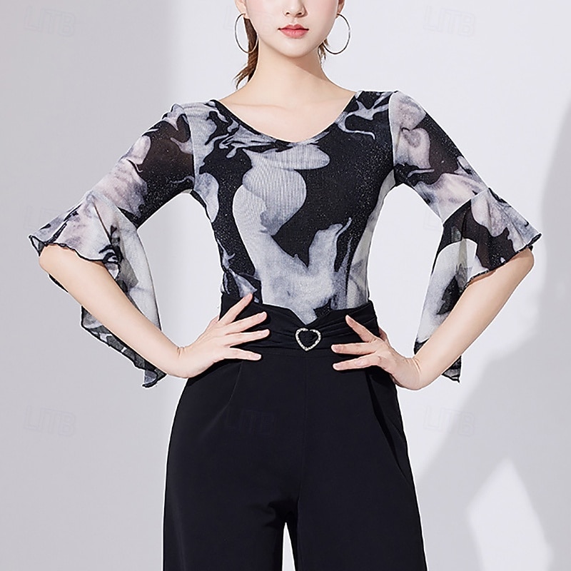 Latin Dance Top Lace Printing Pure Color Women's Performance Training Half Sleeve High Nylon2