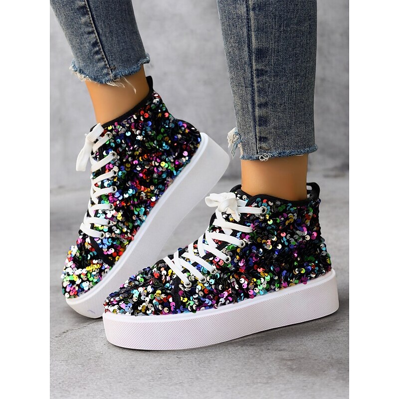Women's High-Top Sequin Sneakers – Colorful Lace-Up Platform Shoes for a Trendy and Sparkling Casual Look