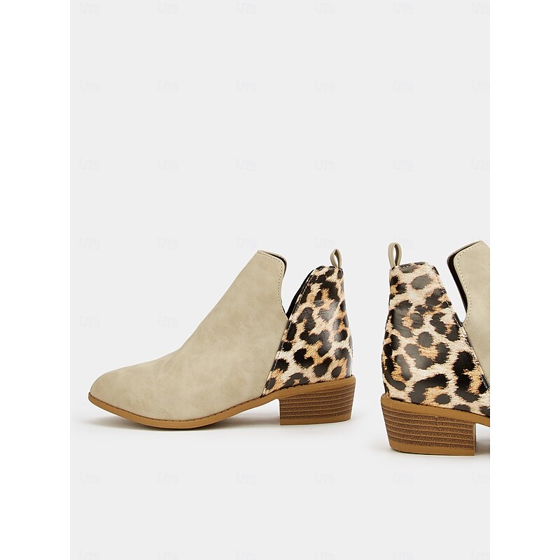 Women's Beige Ankle Boots with Leopard Print and Low Block Heel – Trendy Side Zip Booties for Casual and Everyday Wear4
