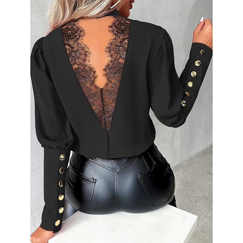 Women's Shirt Blouse Solid Color Elegant Ladies Stylish Long Sleeve High Neck Work Lace Buttons Black White Red Blue Spring Fall Winter3