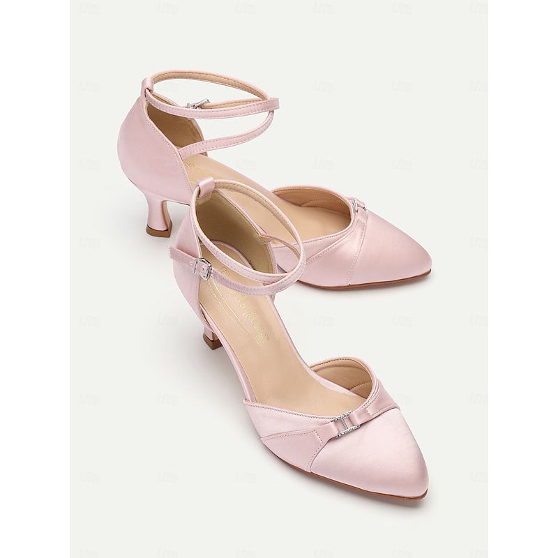 Women's Pink Satin Ankle Strap Heels with Bow Detail – Elegant Wedding or Party Shoes with Mid-Heel for Formal Occasions3