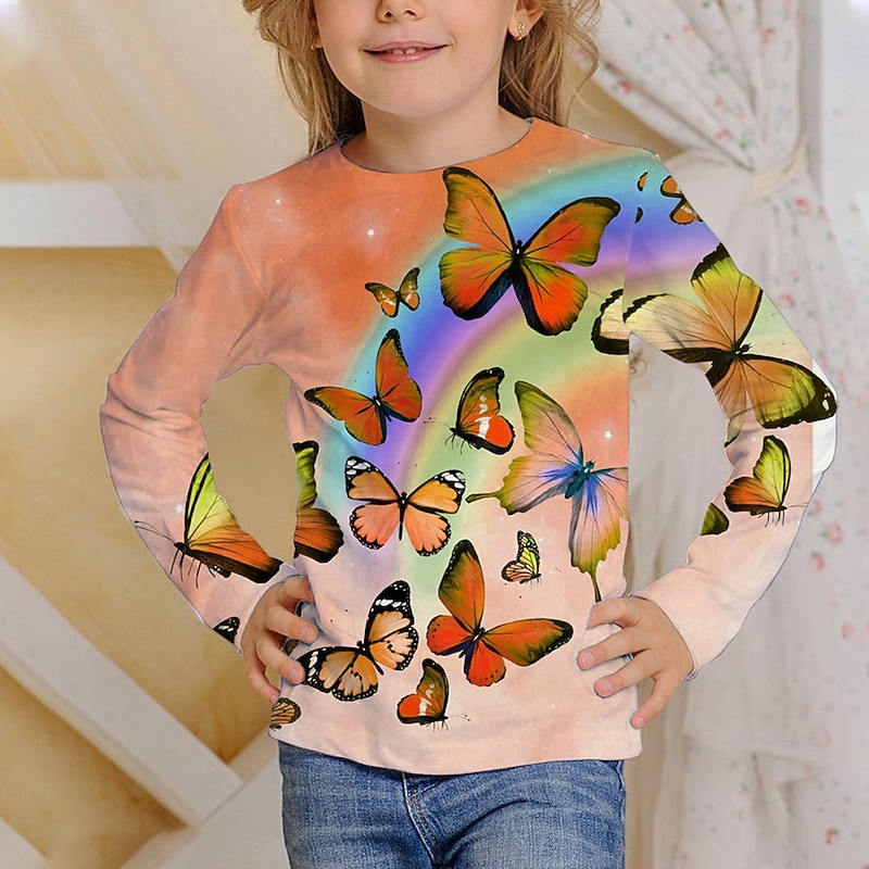 Girls' 3D Graphic Butterfly T shirt Tee Long Sleeve Spring Fall Fashion Basic Kids 4-12 Years Crew Neck Outdoor Casual Daily Regular Fit