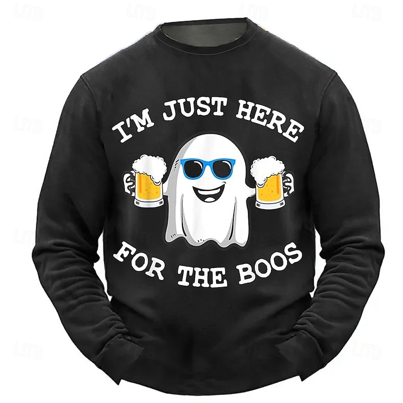 Mens Long Sleeve Halloween Sweatshirt: I'm Just Here For The Boos Funny Ghost Beer Pun4
