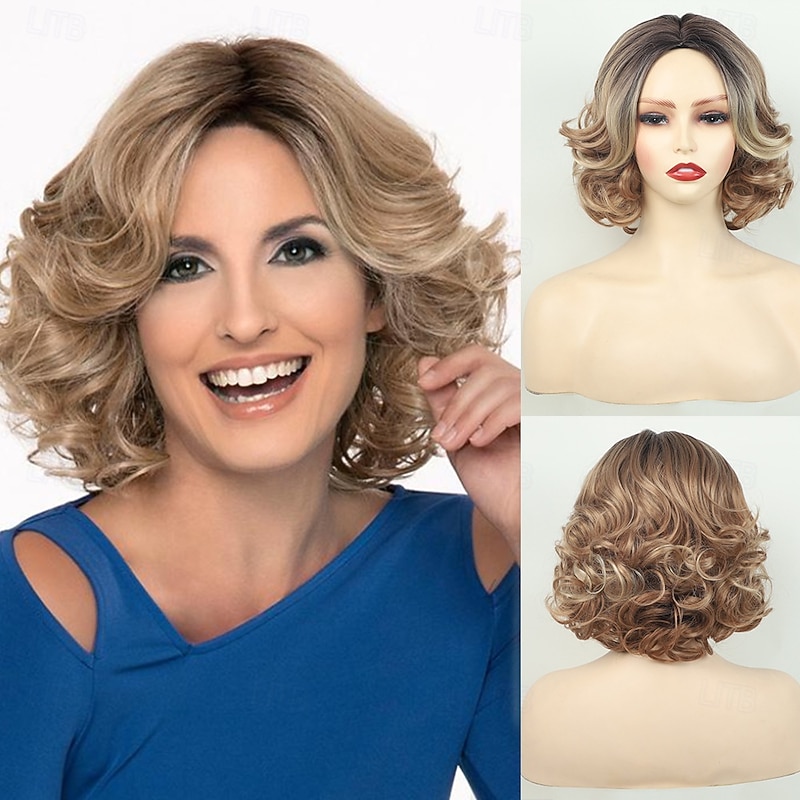 Medium Length Brown Curly Wigs for White Women Short Brown Wigs with Highlight Synthetic Hair Wavy Bob Wigs