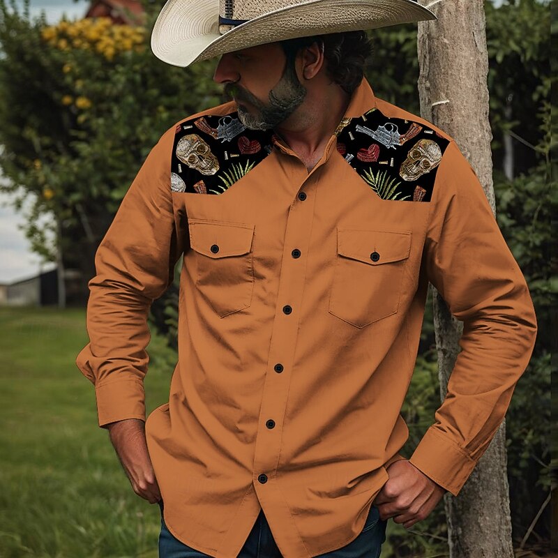Men's Pistol Cowboy Skulls Western Shirt Button Up Shirt Cowboy Shirt Long Sleeve Vintage Western Daily Holiday Fall Winter Spring & Summer Turndown Collared Shirts 3D Print Army Green Blue Orange - Main Image