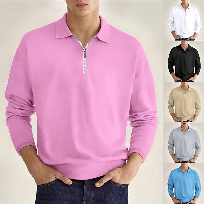 Men's Quarter Zip Polo Golf Shirt Daily Holiday Lapel Long Sleeve Fashion Modern Plain Spring &  Fall Regular Fit Black White Pink Wine Navy Blue Royal Blue Quarter Zip Polo