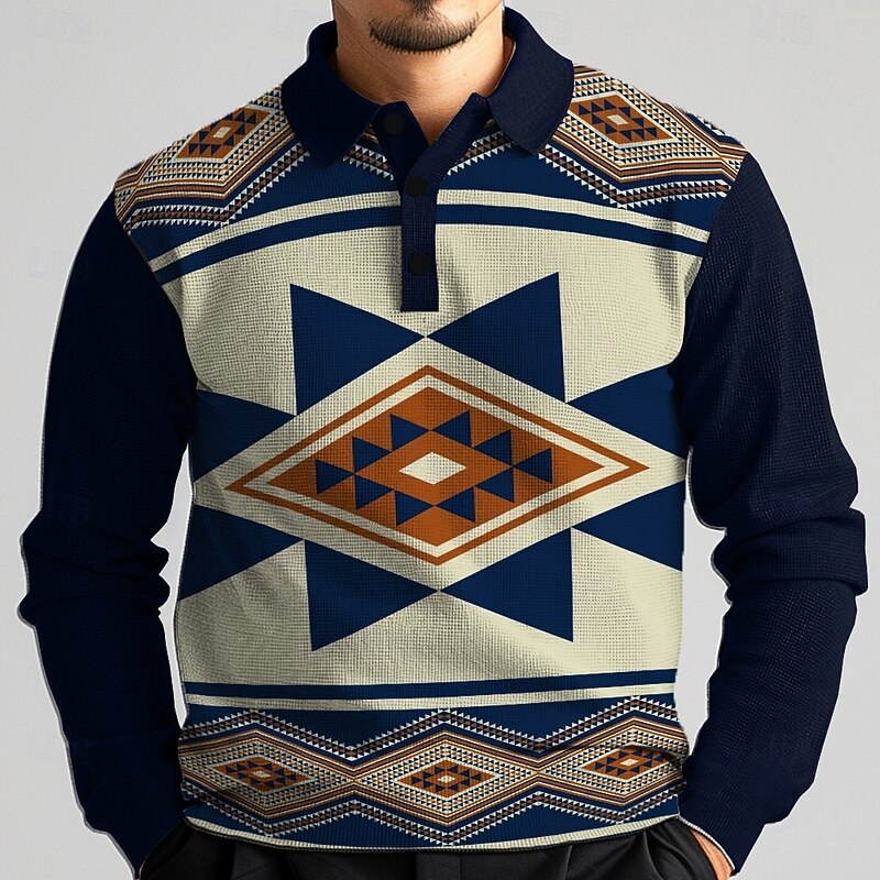 Men's Tribal Waffle Polo Shirts Golf Shirt Long Sleeve Polo Shirts Collared Shirts Casual Vacation Wear Party Outfits Buttons 3D Print Spring Fall Winter Blue