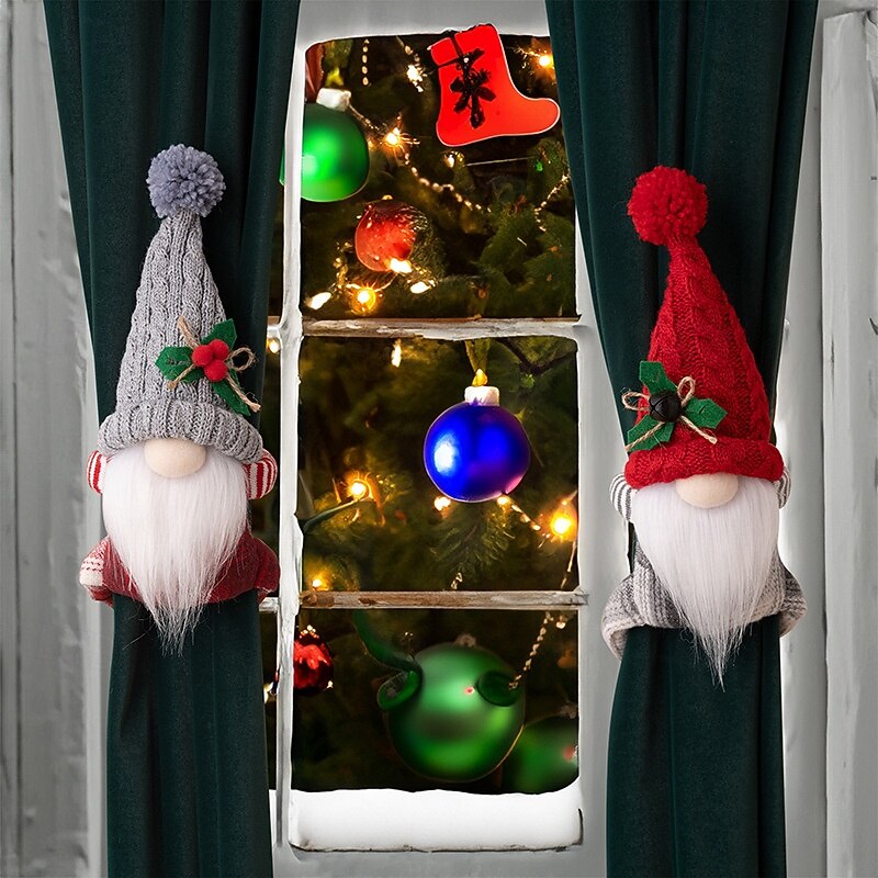 Christmas Curtain Tiebacks, Rudolph and Gnome No-Face Doll Curtain Holdbacks, Creative Xmas Decoration for Drapes, Holiday Window Decor Accessories2