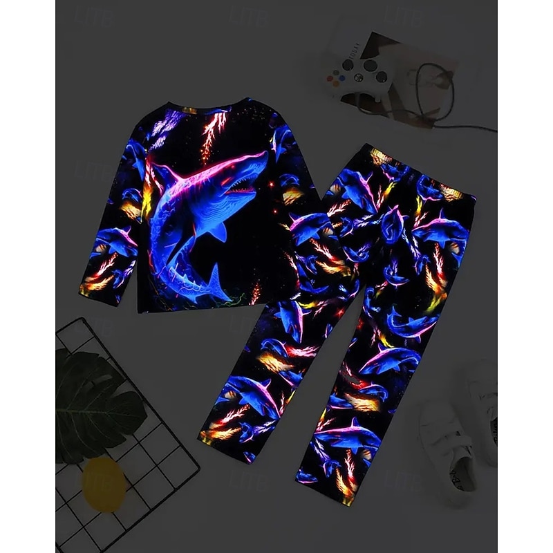 Boys 3D Graphic Shark Pajama Sets Tee & Pants Pajama Sets Long Sleeve 3D Print Fall Winter Active Basic Kids 4 years+ Crew Neck Home Daily Regular Fit4