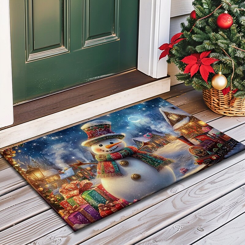 Christmas Decoration Doormat Xmas Town Snowman Kitchen Mat Floor Mat Non-Slip Area Rug Oil Proof Rug Indoor Outdoor Mat Bedroom Decor Bathroom Mat Entrance Rug3