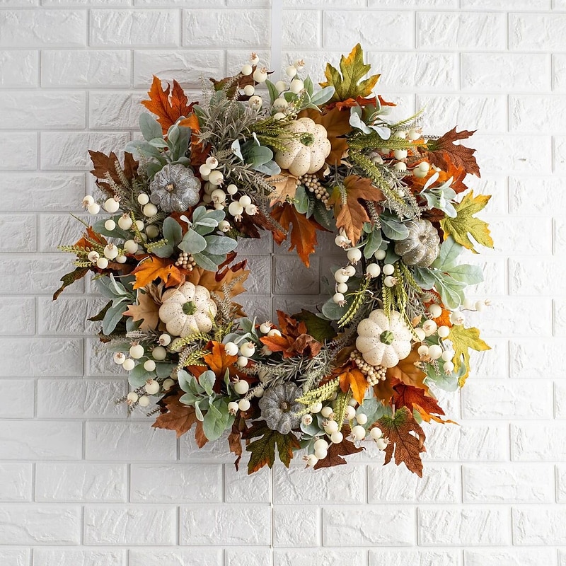 Fall Decor - 45cm Fall Wreaths for Front Door - Autumn Artificial Pumpkin Eucalyptus Maples Leaf Wreath - Rustic Fall Thanksgiving Decorations for Home Outdoor Mantel Window Wall2