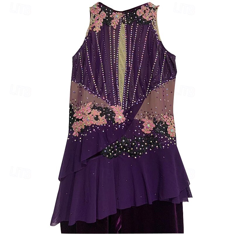 Figure Skating Pants Women's Girls' Ice Skating Outfits Purple Patchwork Open Back Mesh Spandex High Elasticity Training Practice Professional Skating Wear Classic Crystal / Rhinestone Long Sleeve3