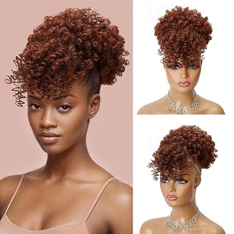 Afro Puff Drawstring Ponytail with Bangs Drawstring Ponytail for Women Kinky Curly Hair Clip in Bangs Short Ponytail Hair Extensions Updo Hairpieces3