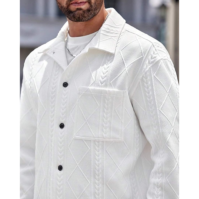 Men's Shirt Jacket Overshirt Jacket Plain Vacation Daily Wear White Long Sleeve Lapel Fall & Winter Clothing Apparel Jacquard4