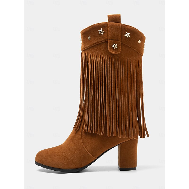 Women's Faux Suede Fringe Mid-Calf Boots with Star Studs - Western Style Block Heel Cowgirl Boots for Fall and Winter3