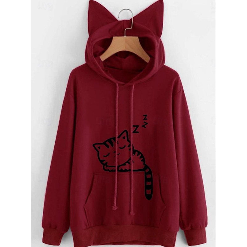 Women's Hoodie Sweatshirt Casual Cat Street Dailywear Hoodie Pocket Print Long Sleeve Black Pink Wine Gray Fall Winter4