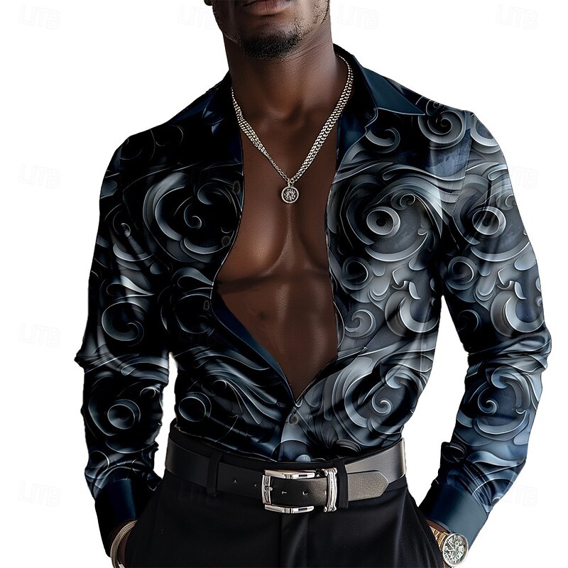 Men's 3D Print Shirt Dress Shirt Button Up Shirt Long Sleeve Casual Fashion Casual Vacation Party Evening Wear Dailywear Summer Spring Fall Collared Shirts Button Up 3D Print Blue