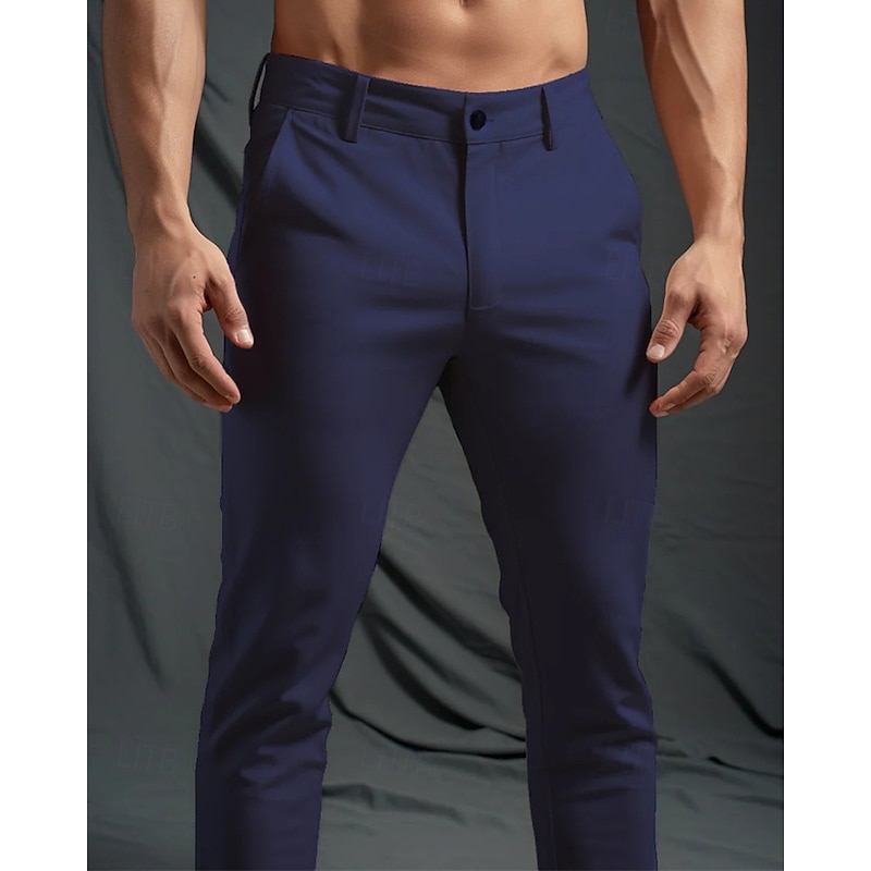 Men's Dress Pants Trousers Chinos Buttons Pocket Plain Comfort Formal Party Work Fashion Classic Style Black Dark Blue Micro-elastic4