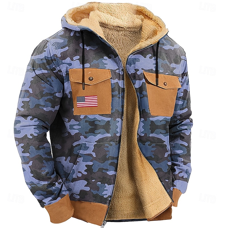 Men's Camo Camouflage American US Flag Fleece Hoodie Hoodies Fashion Cool Long Sleeve Hooded Hunting Streetwear Blue Green Zipper Pocket Fall Winter Designer4