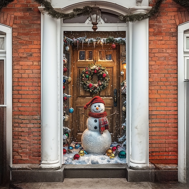 Christmas Door Decorations Door Covers Xmas Whimsical Snowmans Door Tapestry Door Curtain Decoration Backdrop Indoor/Outdoor Door Banner for Front Door Farmhouse Holiday Party Decor Supplies 10