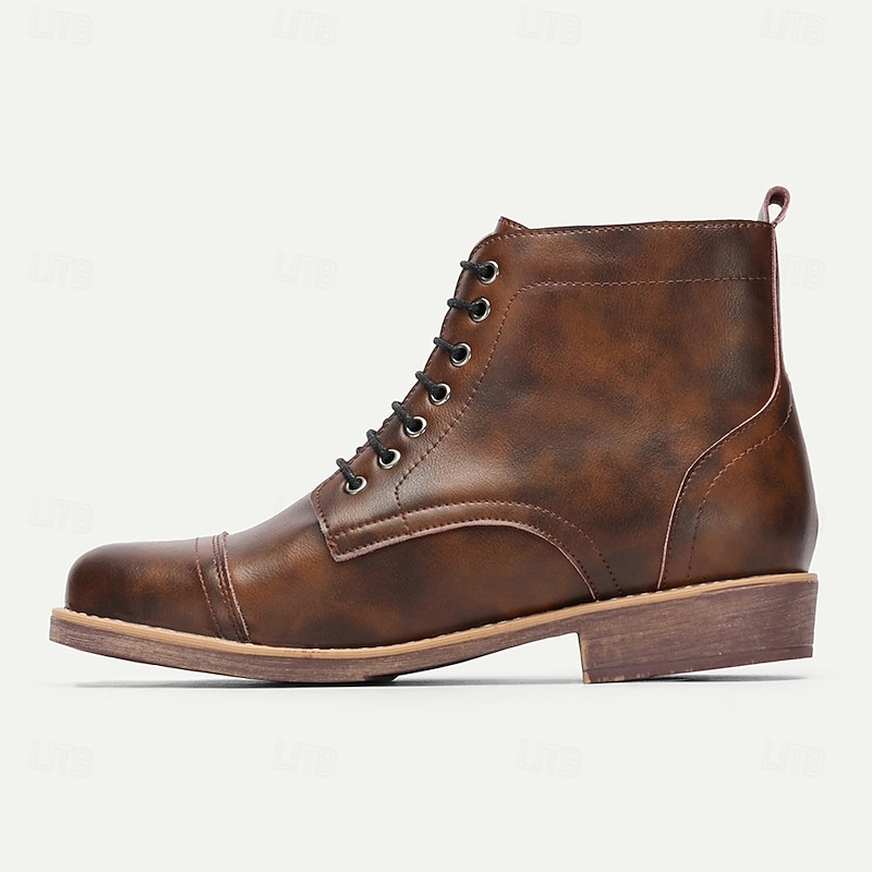 Men's Vintage Faux Leather Lace-Up Ankle Boots – Classic Cap-Toe Design, Sturdy Sole, Perfect for Casual or Formal Occasions4