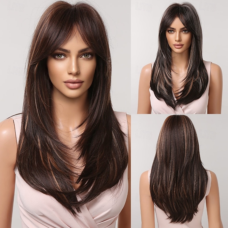 Synthetic Wig Straight kinky Straight Neat Bang With Bangs Machine Made Wig 22 inch Dark Brown Synthetic Hair Women's Cute Cosplay Party Dark Brown
