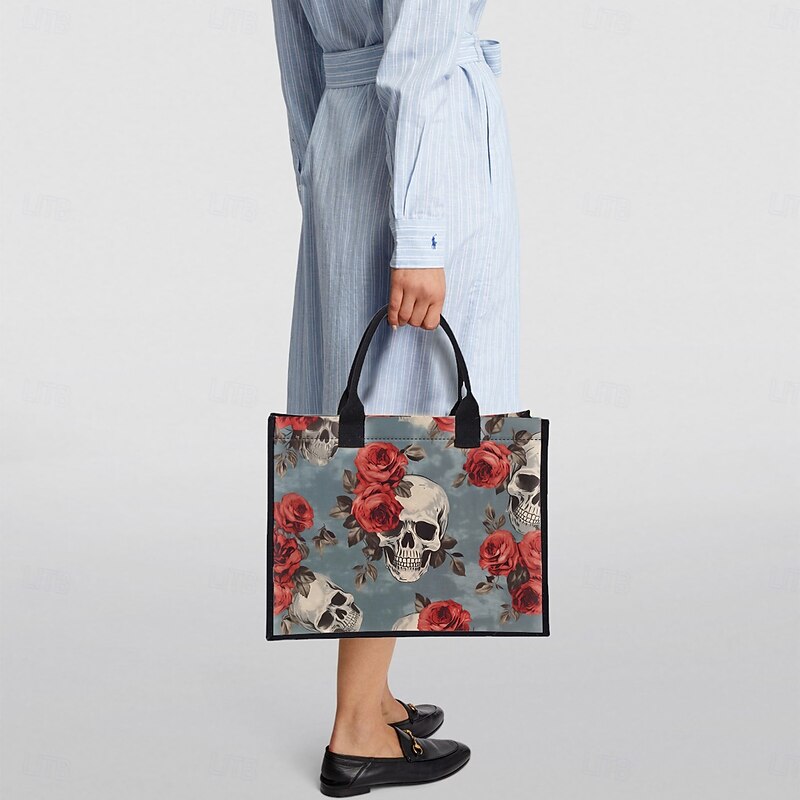 Skull and Rose Printed Tote Bag – Large Gothic Handbag for Women, Vintage Floral Design, Perfect for Halloween or Everyday Use4
