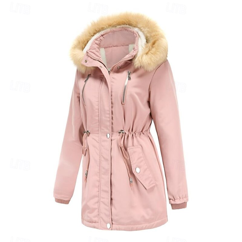 Women's Winter Coat Windproof Warm Zipper Buttons Outdoor Solid Color Work Casual Single Breasted Hoodie Loose Fit Long Sleeve Outerwear Black Pink Wine Winter3