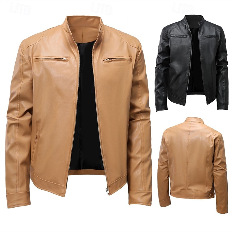 Men's Faux Leather Jacket Shirt Jacket Transition Jacket Biker Jacket Vacation Daily Windproof Warm Pocket Fall & Winter Plain Fashion Classic Stand Collar Regular Faux Leather Black Khaki Jacket