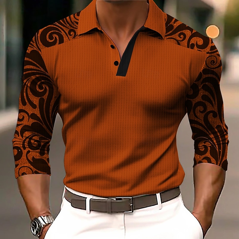 Halloween Men's Floral Botanical Waffle Polo Shirts Golf Polos Shirts Long Sleeve Polo Shirts Collar Dark Vacation Party Evening Wear Dailywear Buttons 3D Print Spring Fall Winter Black Blue Orange